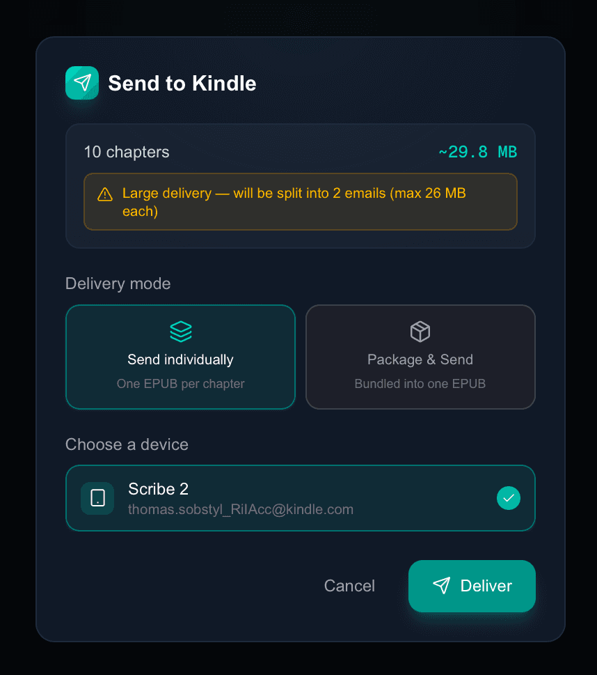 Send to Kindle — batch delivery modal