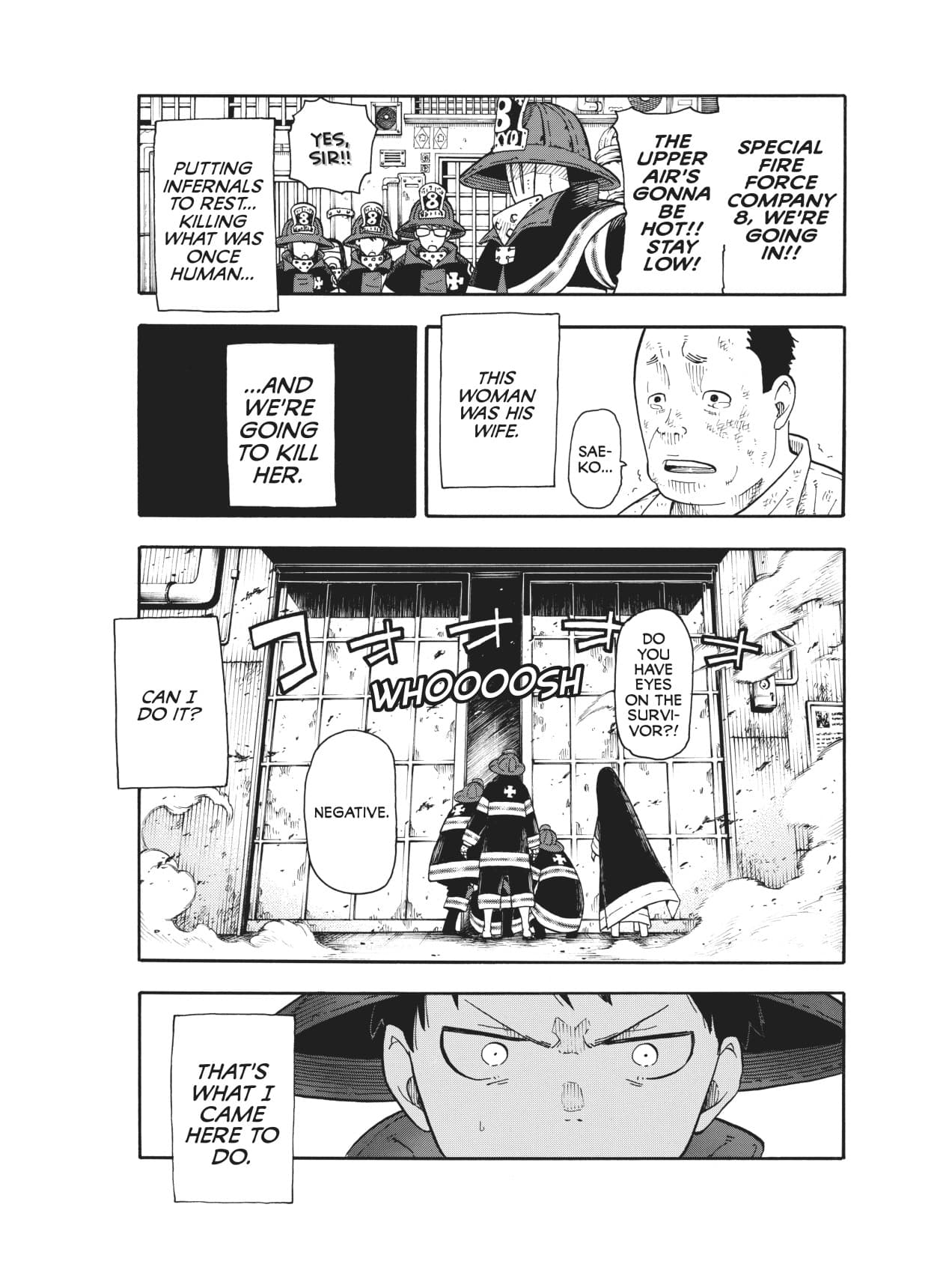 Page 63 of Fire Force volume 1 on a Kindle Paperwhite, copied over as it is: the whole page with its white borders, fitted to the screen, its solid blacks dark grey.