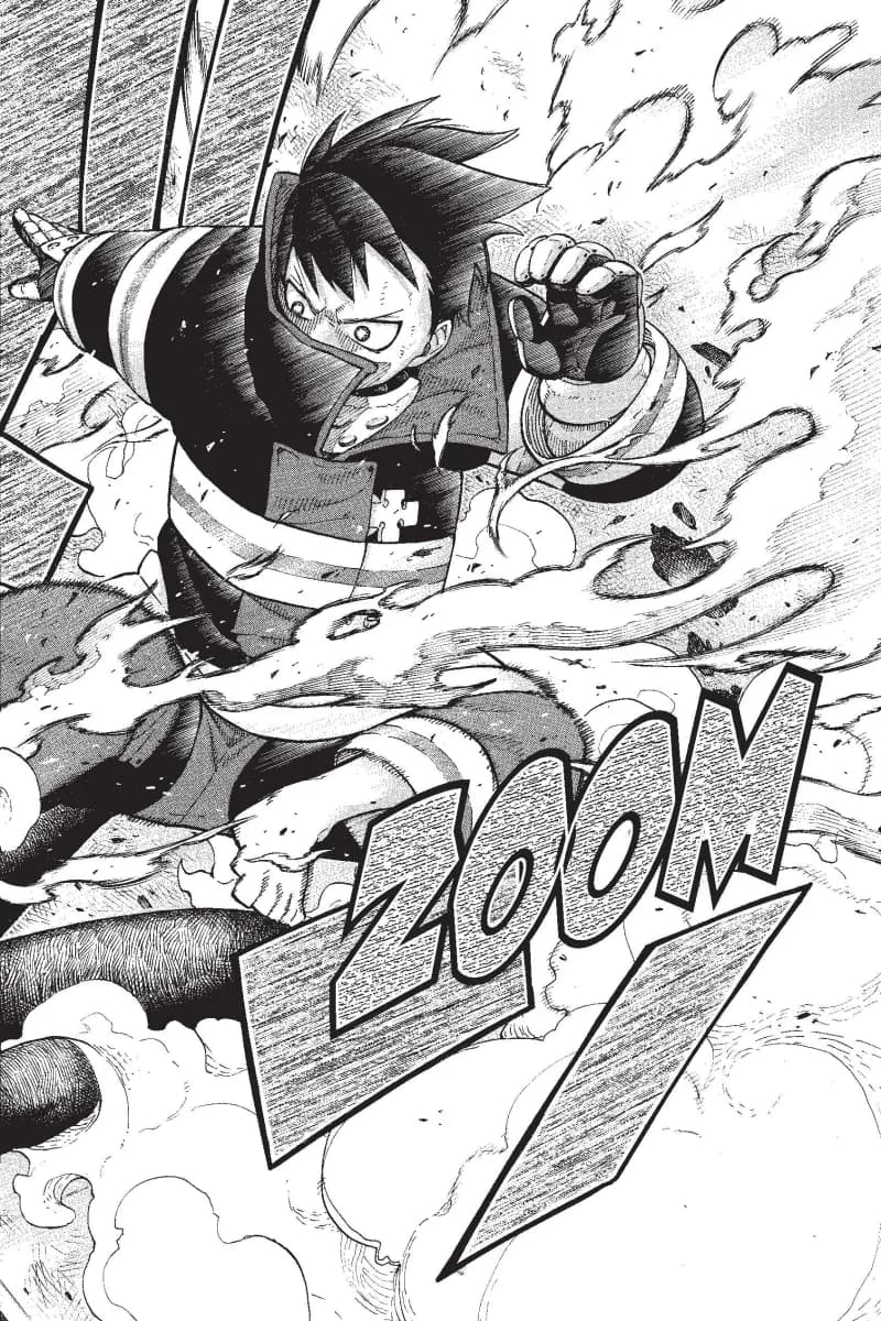 A page from Fire Force volume 1 as it is in the file, open in a phone's browser on mangasendr.com.
